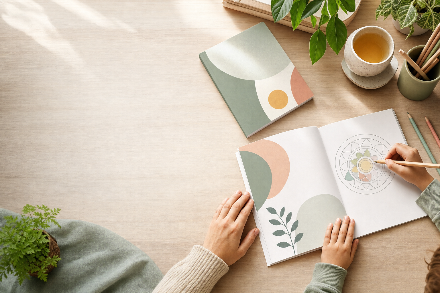 Mindful Roots hero, parent and child using a printable workbook at a sunlit table