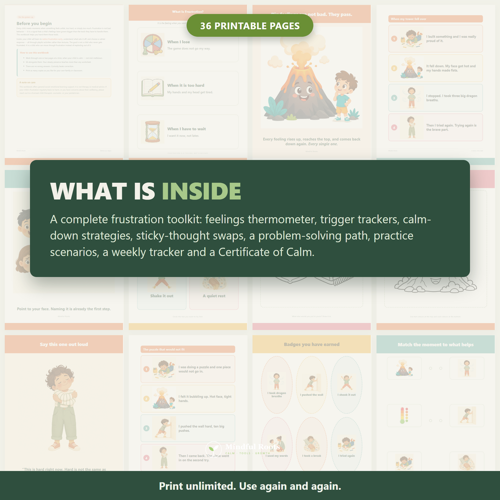 Page preview grid - Frustration Tolerance Workbook for Kids, 36 printable pages