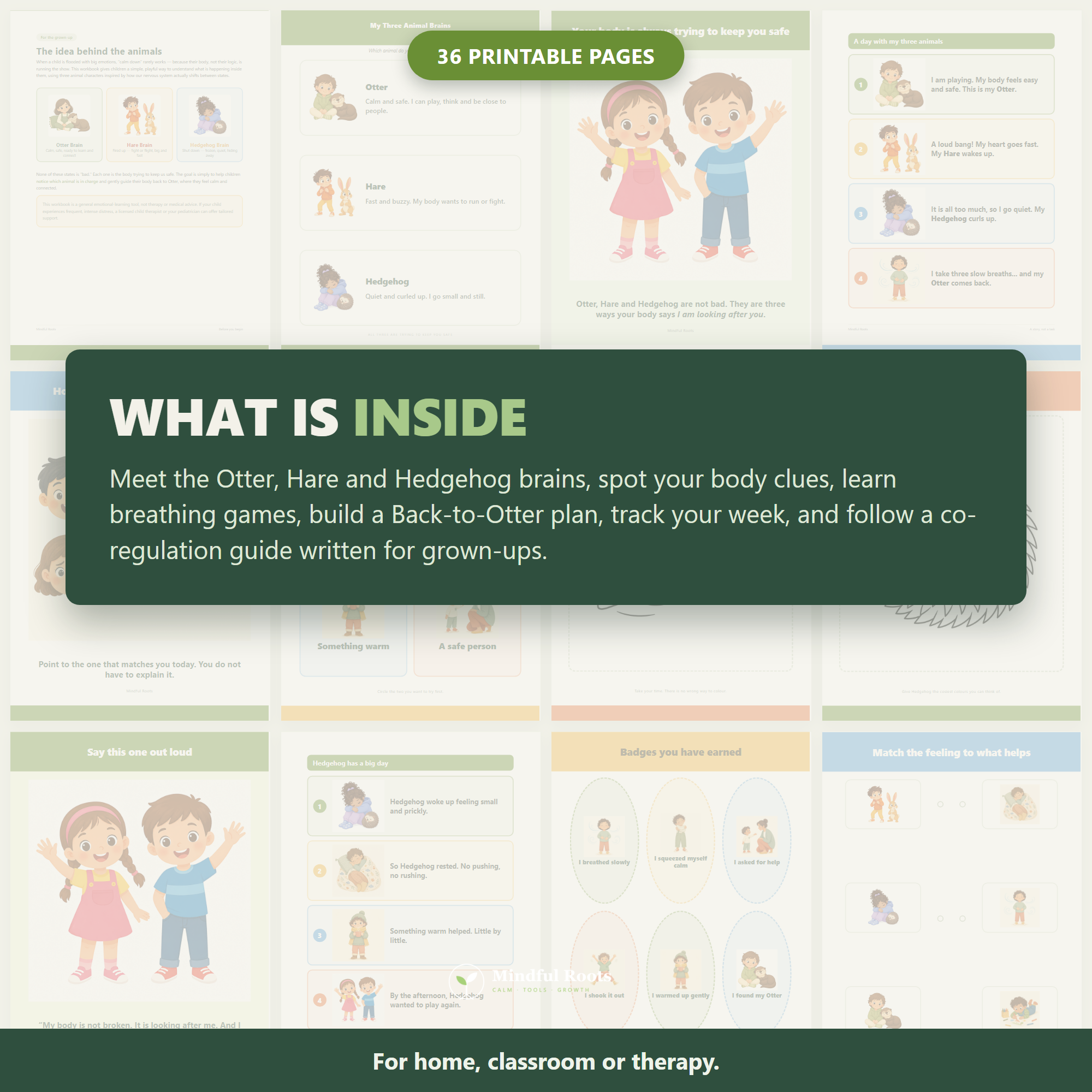 Page preview grid - Nervous System Regulation Workbook for Kids, 36 printable pages
