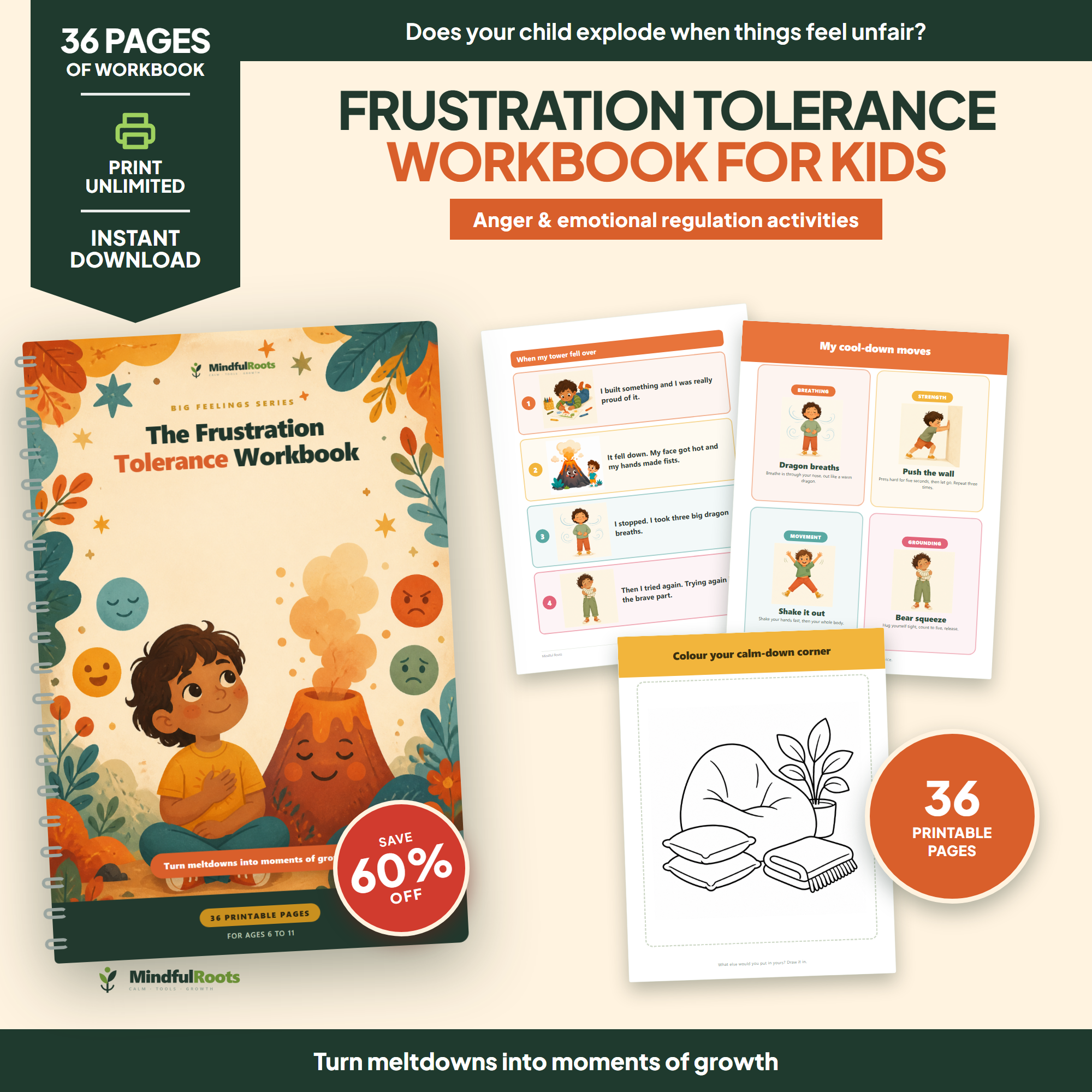 Frustration Tolerance Workbook for Kids - 36 printable pages, instant download, print unlimited
