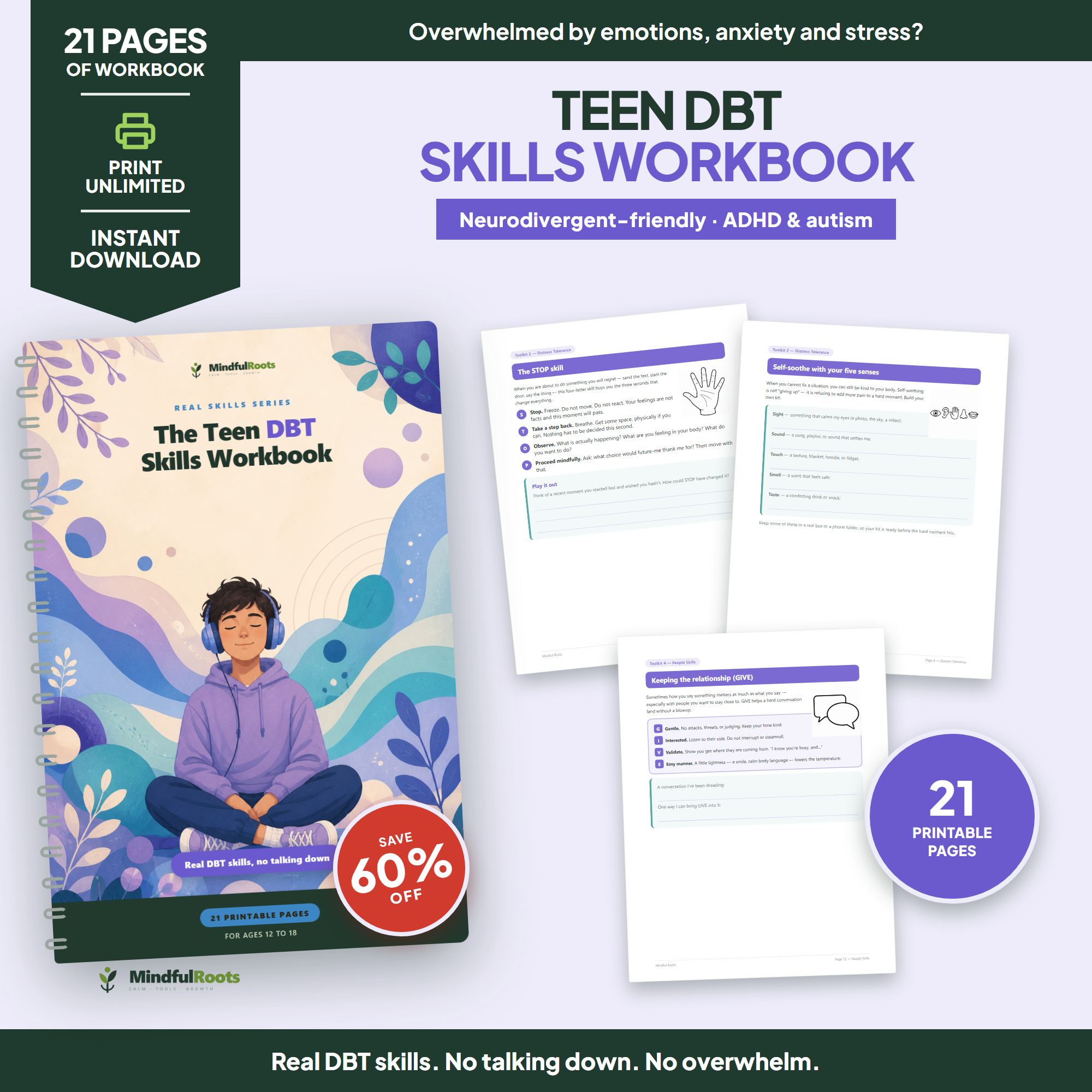 Teen DBT Skills Workbook - 21 printable pages, instant download, print unlimited