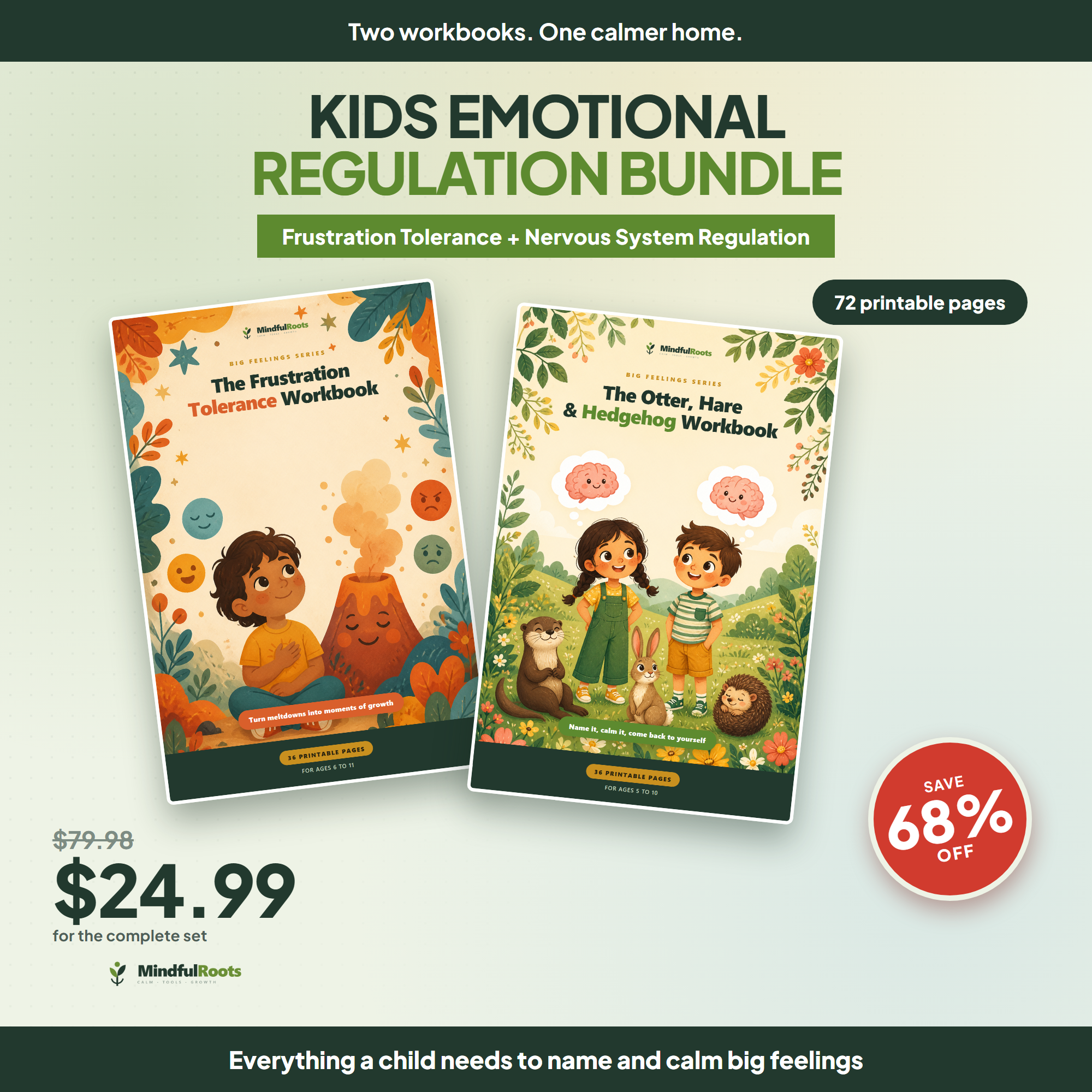Kids Emotional Regulation Bundle - 2 workbooks, 72 printable pages